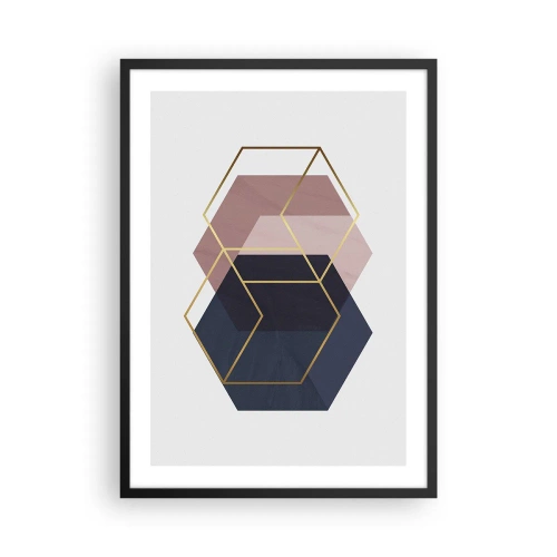Plakat i sort ramme - Gyldne geometriske former på en baggrund i nuancer af marineblå og lyserød - 50x70cm - Styrken ved enkelhed - Moderne vægdekoration til stue og soveværelse ARTTOR