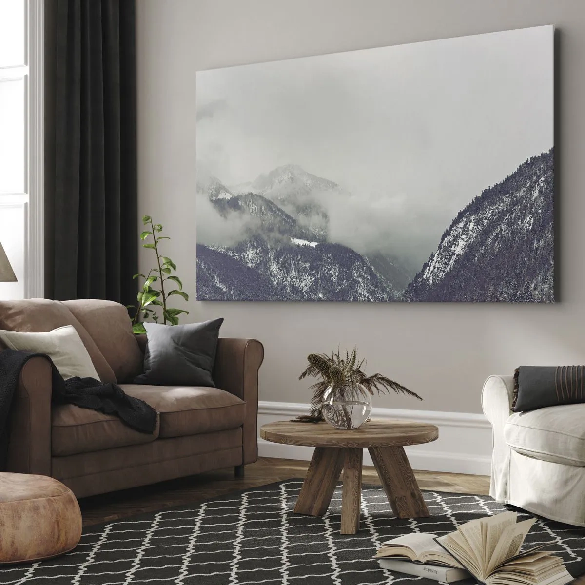 Lærredstryk - Billede på lærred - En bjergdal indhyllet i tåge i grå nuancer - 70x50cm - Tåget dal - Moderne vægdekoration til stue og soveværelse ARTTOR