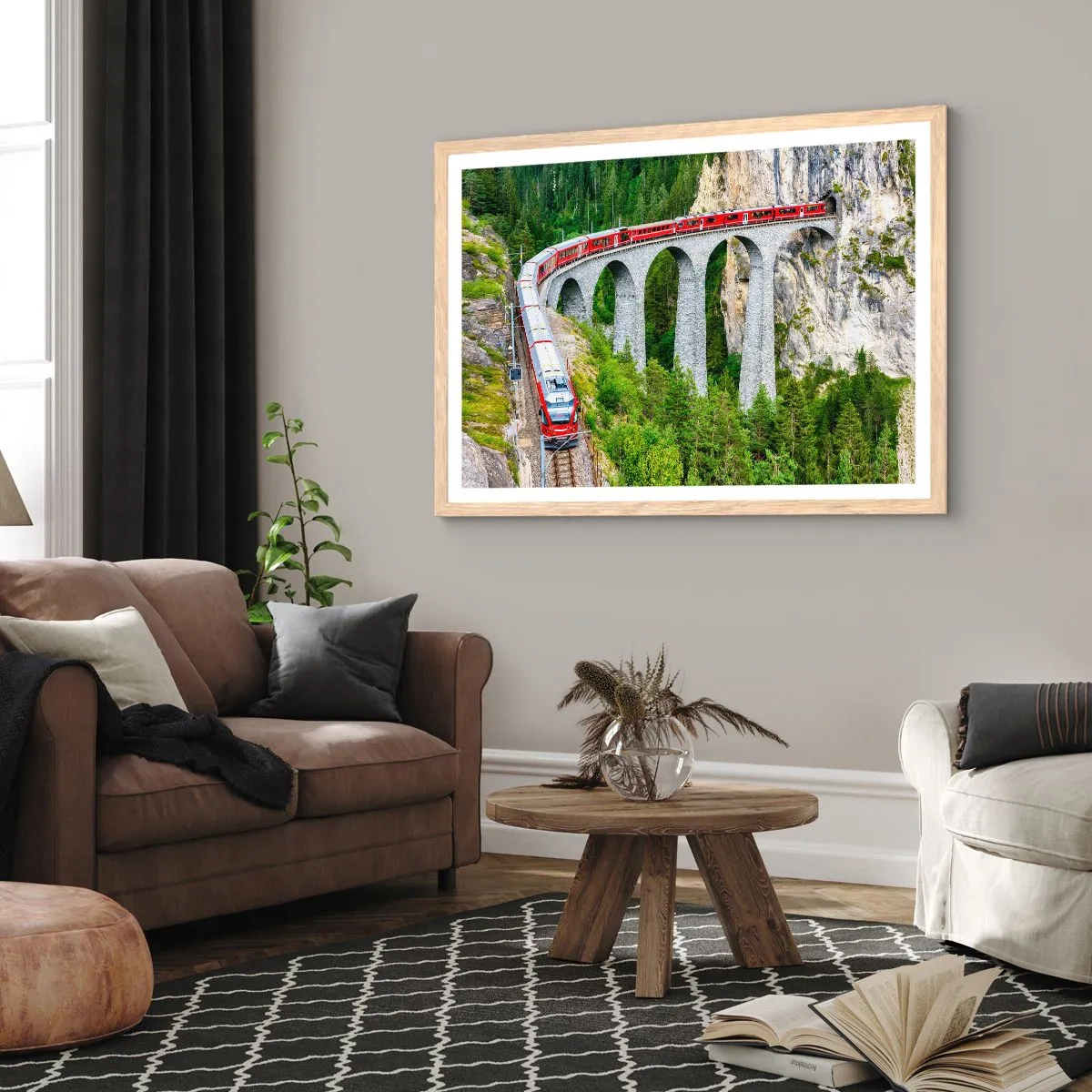 Plakat i ramme af lyst egetræ - Udsigt over bjergene til gengæld - 100x70 cm