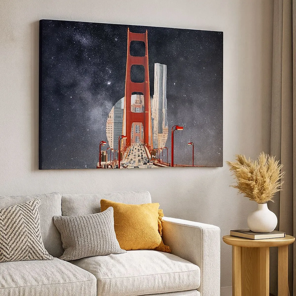Lærredstryk - Billede på lærred - Golden Gate Bridge med byen i baggrunden mod en stjerneklar himmel - 70x50cm - Altid i centrum - Moderne vægdekoration til stue og soveværelse ARTTOR