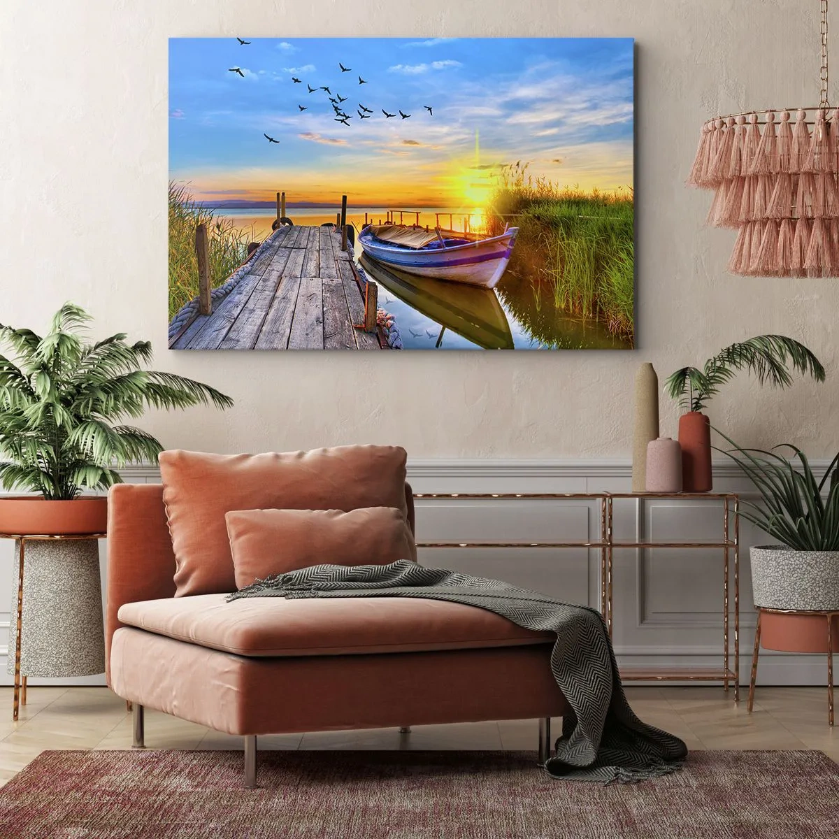 Lærredstryk - Billede på lærred - En båd ved en træmole ved solnedgang - 70x50cm - Farvel, indtil i morgen - Moderne vægdekoration til stue og soveværelse ARTTOR