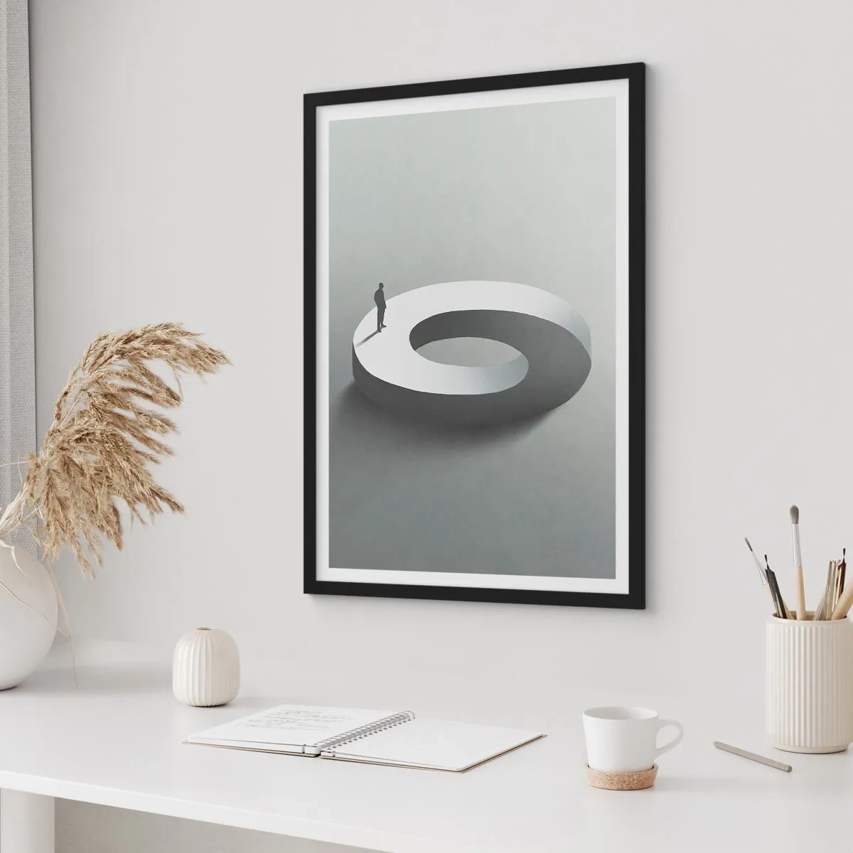 Plakat i sort ramme - En minimalistisk figur på en geometrisk struktur - 50x70cm - Og vær klog - Moderne vægdekoration til stue og soveværelse ARTTOR