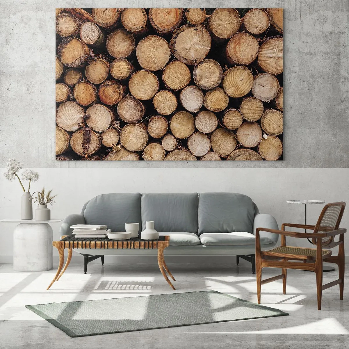 Billede på glas - Lodret arrangerede træstammer med synlige vækstringe - 70x50cm - En ny begyndelse - Moderne vægdekoration til stue og soveværelse ARTTOR