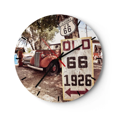 Vægur, Uret - En veteranbil foran et Route 66-skilt og en træplakette. - 30x30cm - En legende om det amerikanske landskab - Moderne vægdekoration til stue, køkken og soveværelse ARTTOR
