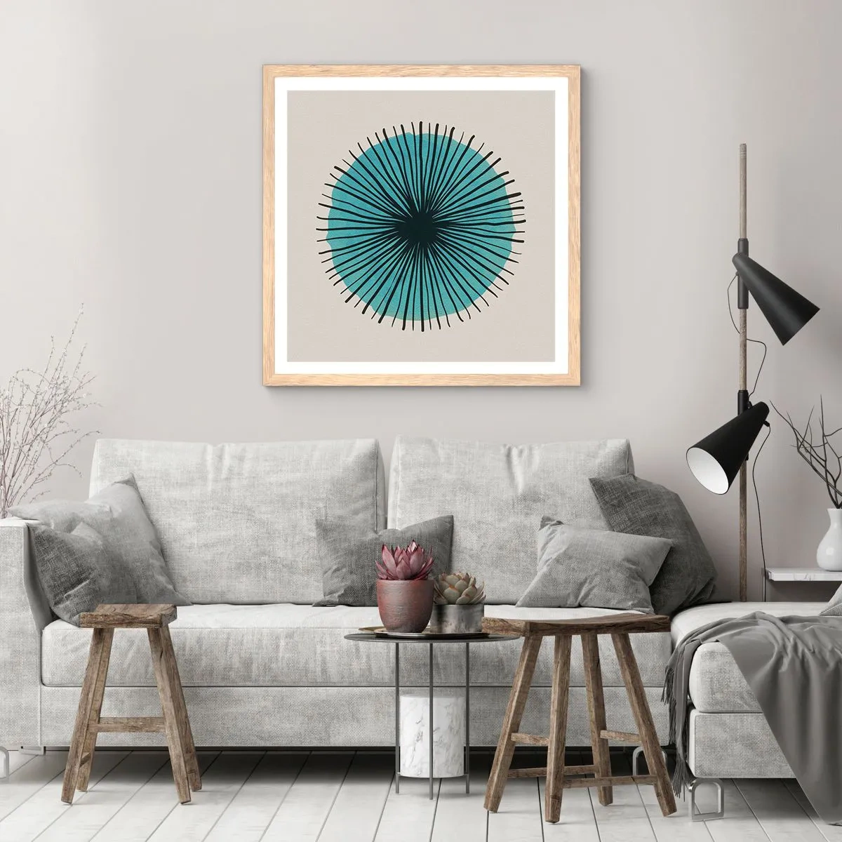 Plakat i ramme af lyst egetræ - Strålende på blå - 40x40 cm