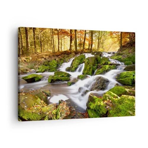 Lærredstryk - Billede på lærred - Et skovklædt landskab med et vandfald omgivet af mos - 70x50cm - Bystrøm gennem efterårsskoven - Moderne vægdekoration til stue og soveværelse ARTTOR