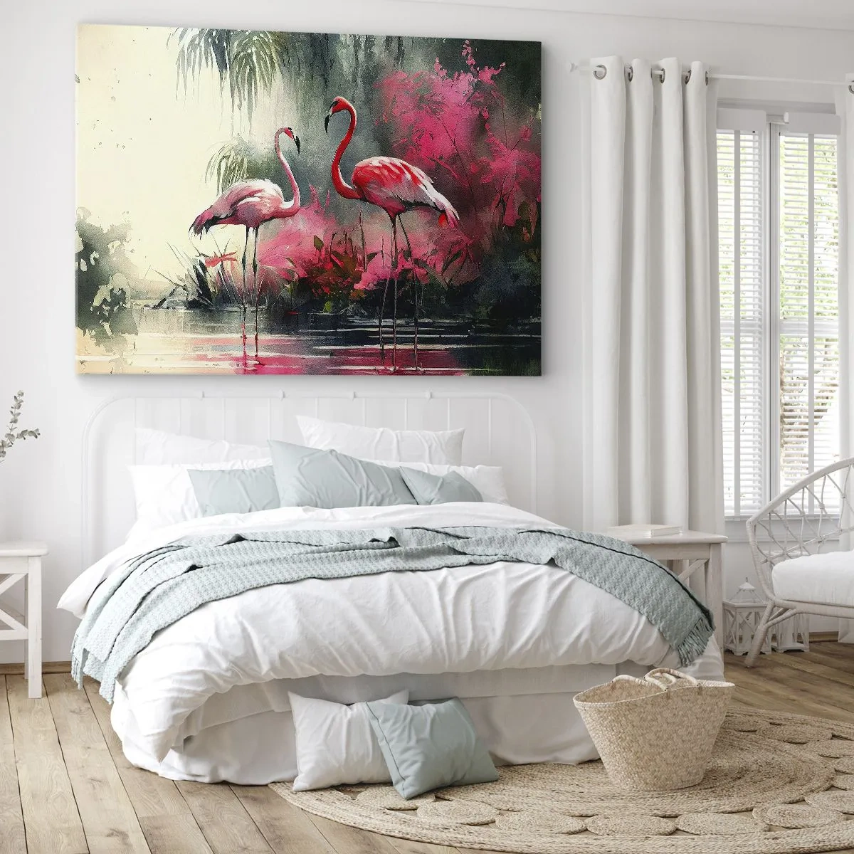 Lærredstryk - Billede på lærred - Flamingoer ved vandet omgivet af vegetation - 70x50cm - En lektion i naturlig charme - Moderne vægdekoration til stue og soveværelse ARTTOR