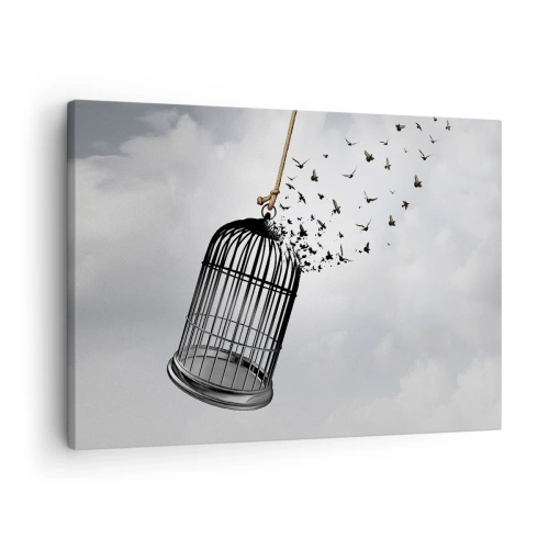 Lærredstryk - Billede på lærred - Fugle, der flyver ud af et bur mod himlen - 70x50cm - Tro...håb...frihed! - Moderne vægdekoration til stue og soveværelse ARTTOR