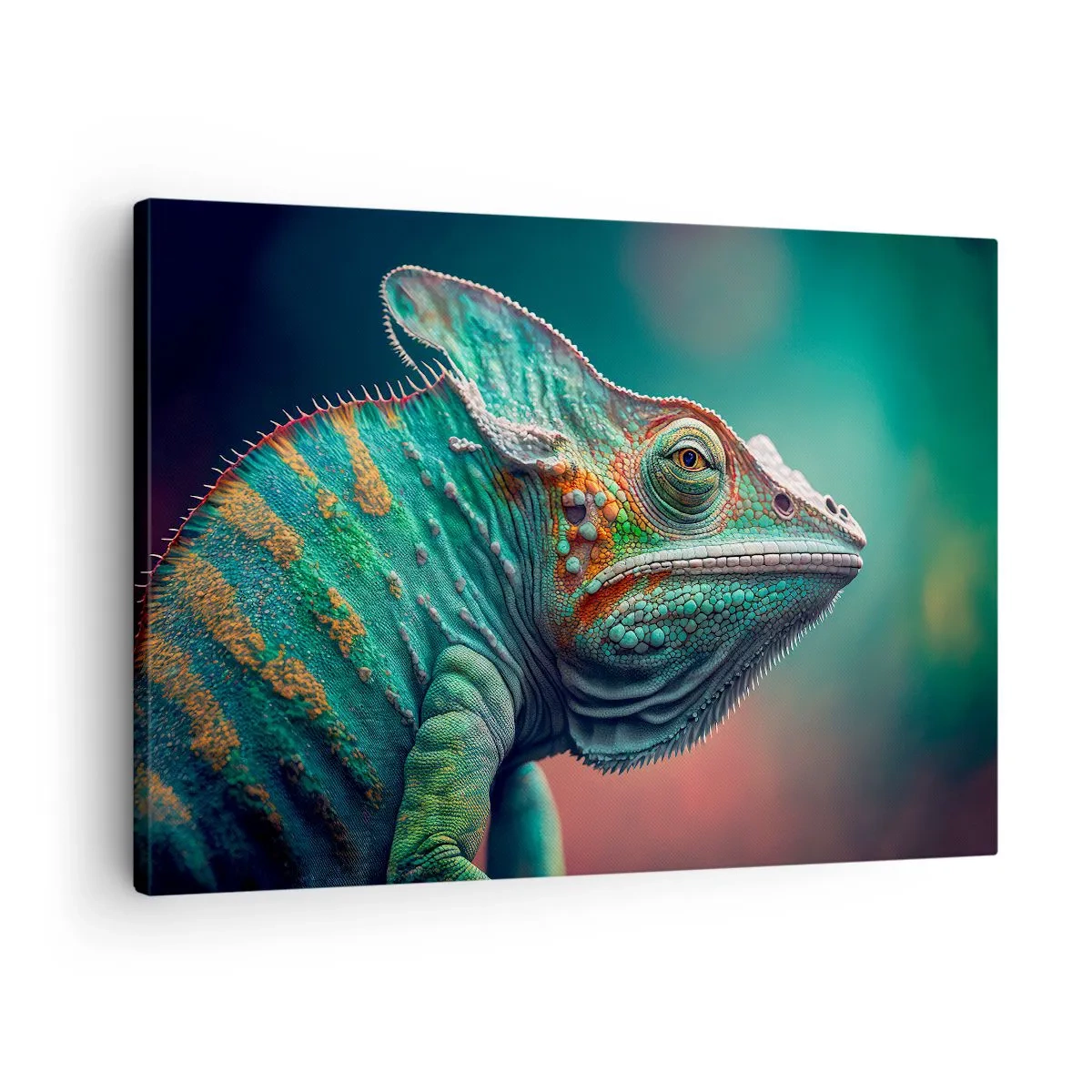 Lærredstryk - Billede på lærred - Nærbillede af en kamæleon i intense farver - 70x50cm - Kan du se mig? Ikke godt... - Moderne vægdekoration til stue og soveværelse ARTTOR