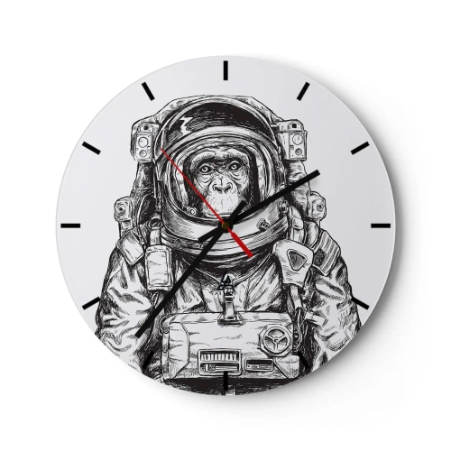 Vægur, Uret - En sort-hvid skitse af en abe-astronaut. - 30x30cm - Alternativ evolution - Moderne vægdekoration til stue, køkken og soveværelse ARTTOR
