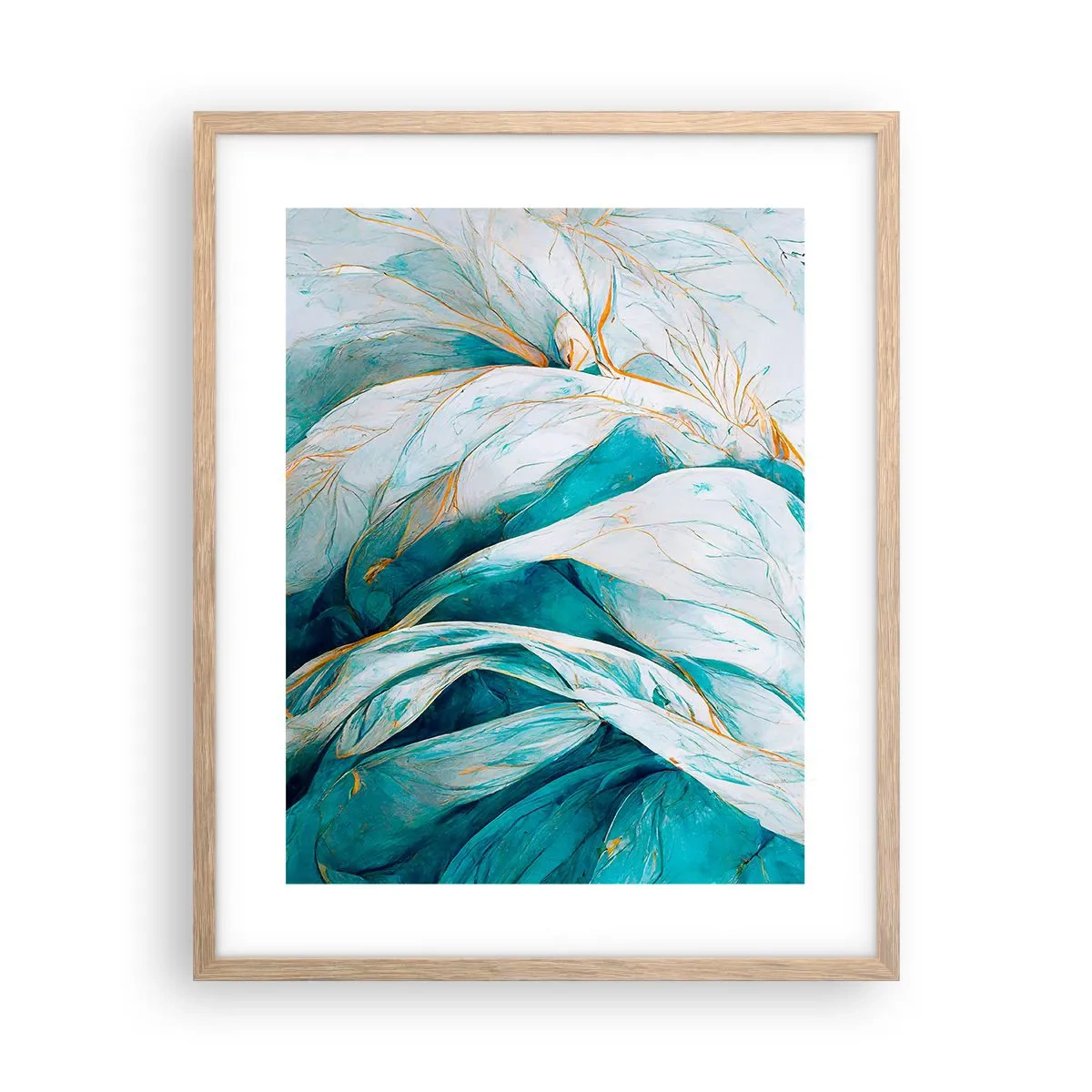 Plakat i ramme af lyst egetræ - Blå abstraktion med et guldmotiv - 40x50 cm
