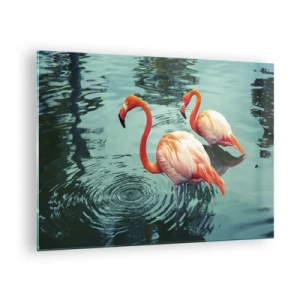 Billede på glas - Flamingoer på vandet i en harmonisk komposition - 70x50cm - Vi er nu på mode - Moderne vægdekoration til stue og soveværelse ARTTOR