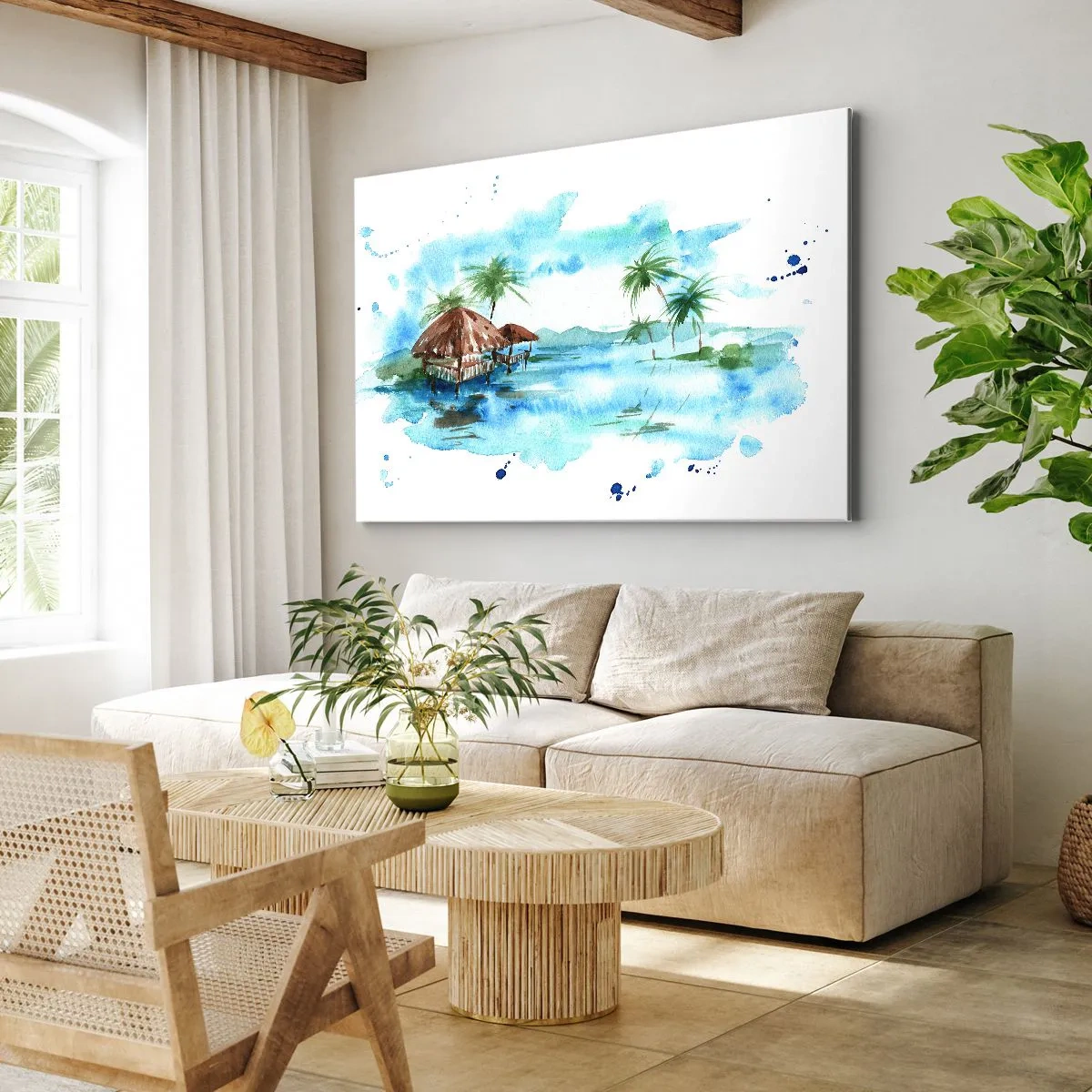Lærredstryk - Billede på lærred - Akvarelmaleri af et tropisk landskab med huse og palmer - 70x50cm - Et sted i Stillehavet - Moderne vægdekoration til stue og soveværelse ARTTOR