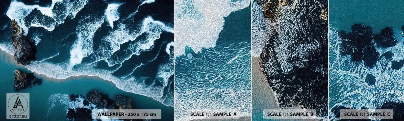 Prøve Fototapet Premium Sand - Svøbt i bølger - Klint, Hav, Natur - 100x30 cm