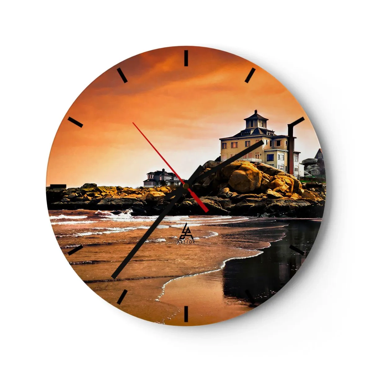 Vægur, Uret - Et hus på en klippekyst ved solnedgang - 30x30cm - Vestkystens elegance - Moderne vægdekoration til stue, køkken og soveværelse ARTTOR