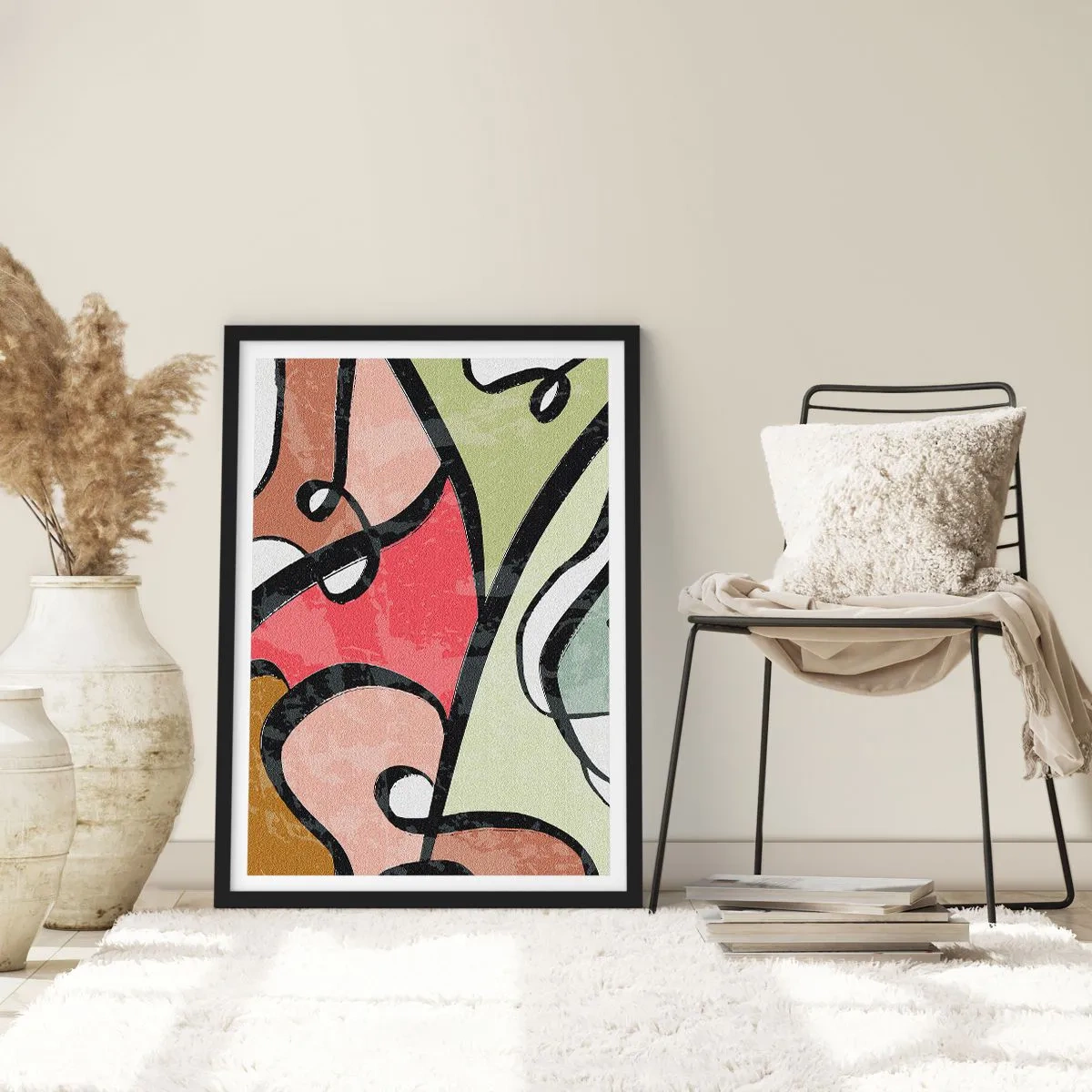Plakat i sort ramme - Farverig abstraktion med sorte konturer - 50x70cm - Pirouetter blandt farver - Moderne vægdekoration til stue og soveværelse ARTTOR