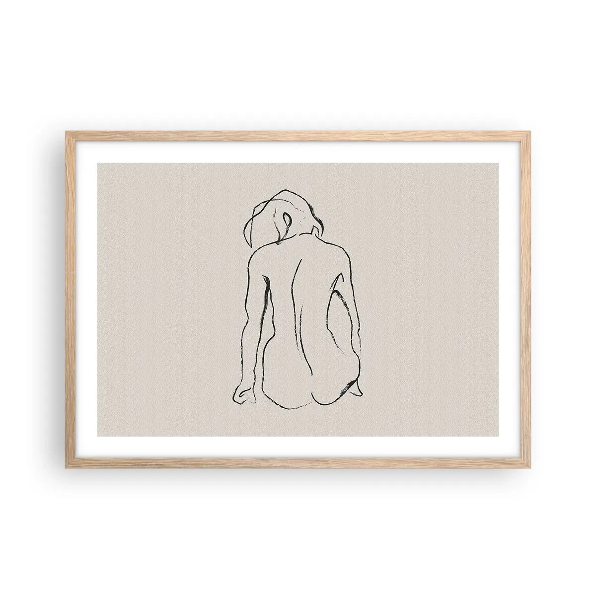 Plakat i ramme af lyst egetræ - Nøgen pige - 70x50 cm