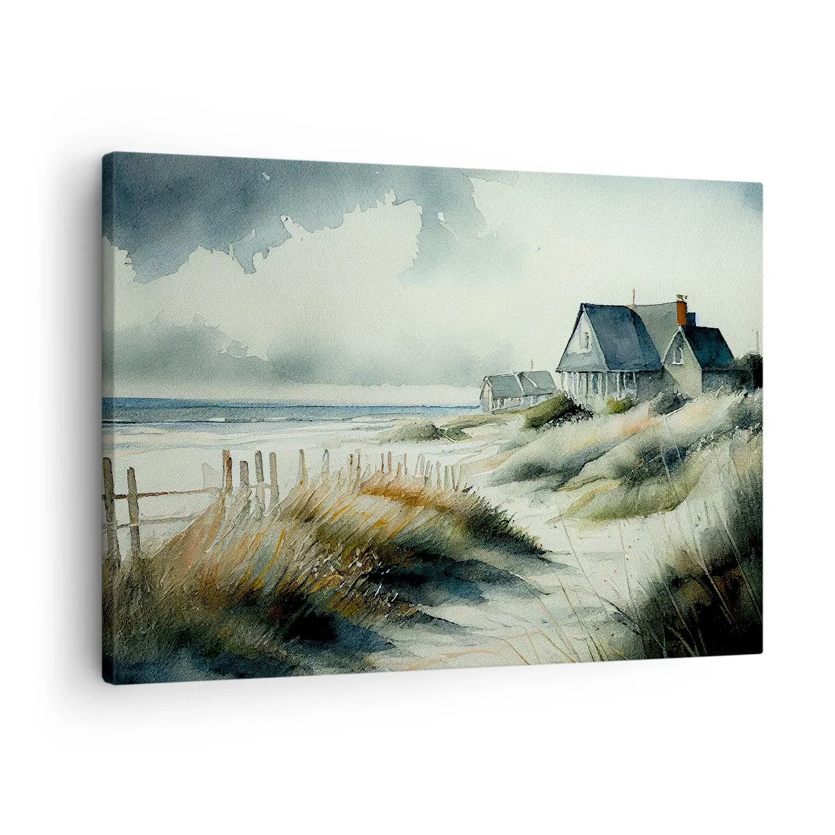Lærredstryk - Billede på lærred - Et hus ved havet omgivet af græs og med udsigt over havet - 70x50cm - Væk fra trængsel og travlhed - Moderne vægdekoration til stue og soveværelse ARTTOR