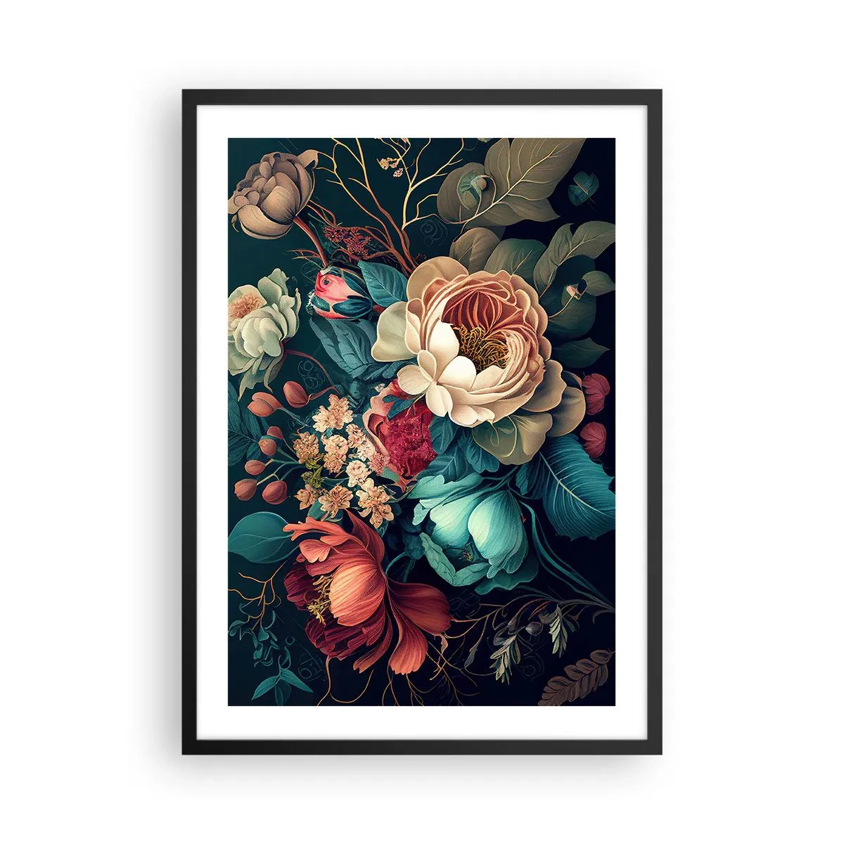 Plakat i sort ramme - En buket blomster i barokstil på en mørk baggrund - 50x70cm - Charme fra det 19. århundrede - Moderne vægdekoration til stue og soveværelse ARTTOR