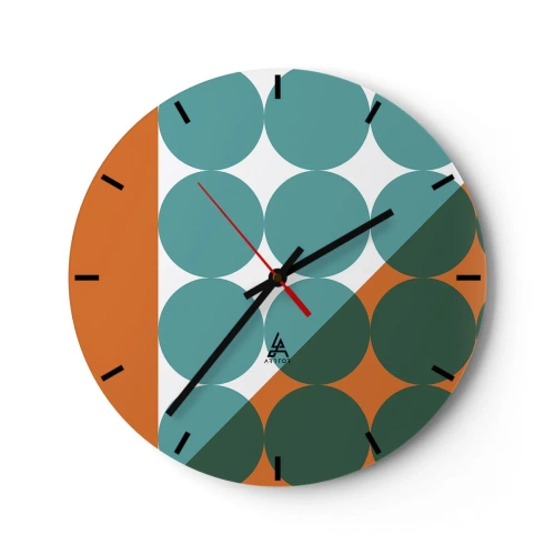 Vægur, Uret - Geometriske cirkler i nuancer af grønt og orange - 30x30cm - Op og over - Moderne vægdekoration til stue, køkken og soveværelse ARTTOR