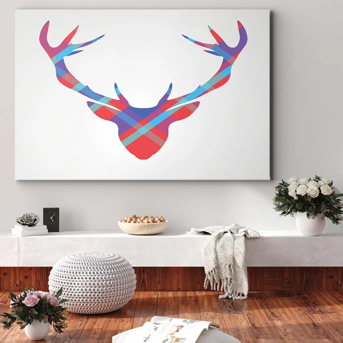 Lærredstryk - Billede på lærred - Geometrisk billede af en hjort på en lys baggrund - 70x50cm - Skotsk hjort - Moderne vægdekoration til stue og soveværelse ARTTOR