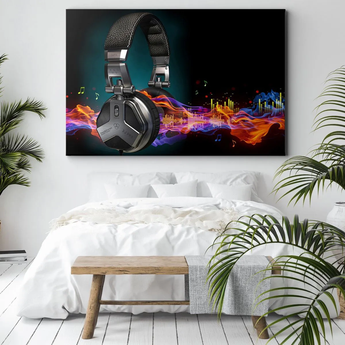 Lærredstryk - Billede på lærred - Sorte hovedtelefoner med en farverig musikvisualiseringseffekt - 70x50cm - I musikkens varme - Moderne vægdekoration til stue og soveværelse ARTTOR