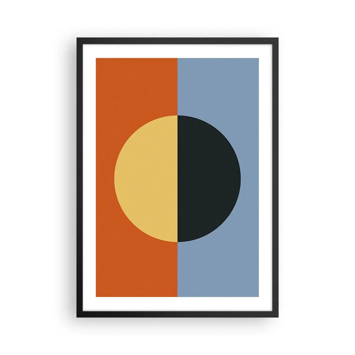Plakat i sort ramme - Geometrisk komposition med en cirkel og kontrasterende farver - 50x70cm - En sammensætning af varme og kølighed - Moderne vægdekoration til stue og soveværelse ARTTOR