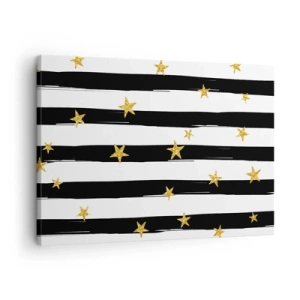 Lærredstryk - Billede på lærred - Sorte og hvide striber med guldstjerner - 70x50cm - Vi blev alle født under en heldig stjerne - Moderne vægdekoration til stue og soveværelse ARTTOR