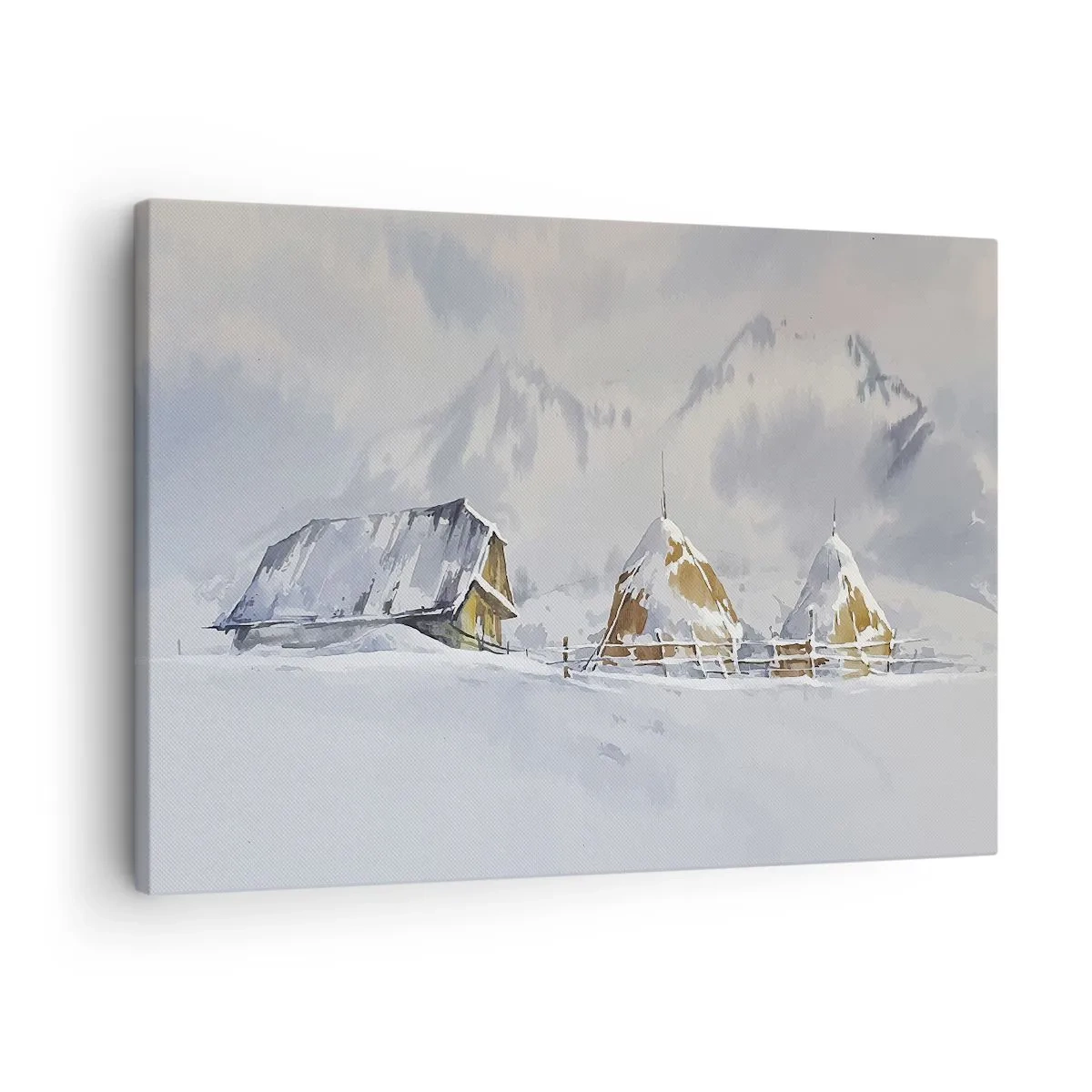 Lærredstryk - Billede på lærred - Vinterlandskab med et sommerhus og høstakke i bjergene - 70x50cm - I en sneklædt dal - Moderne vægdekoration til stue og soveværelse ARTTOR