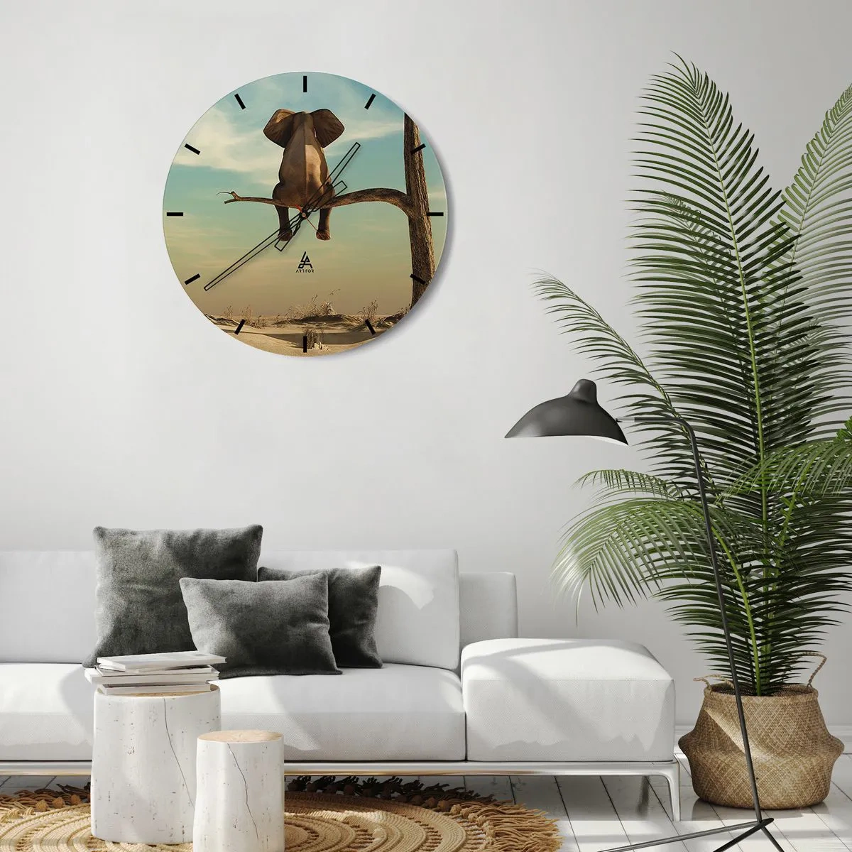 Vægur, Uret - En elefant sidder på grenen af et ensomt træ mod himlen - 30x30cm - Et nyt synspunkt - Moderne vægdekoration til stue, køkken og soveværelse ARTTOR