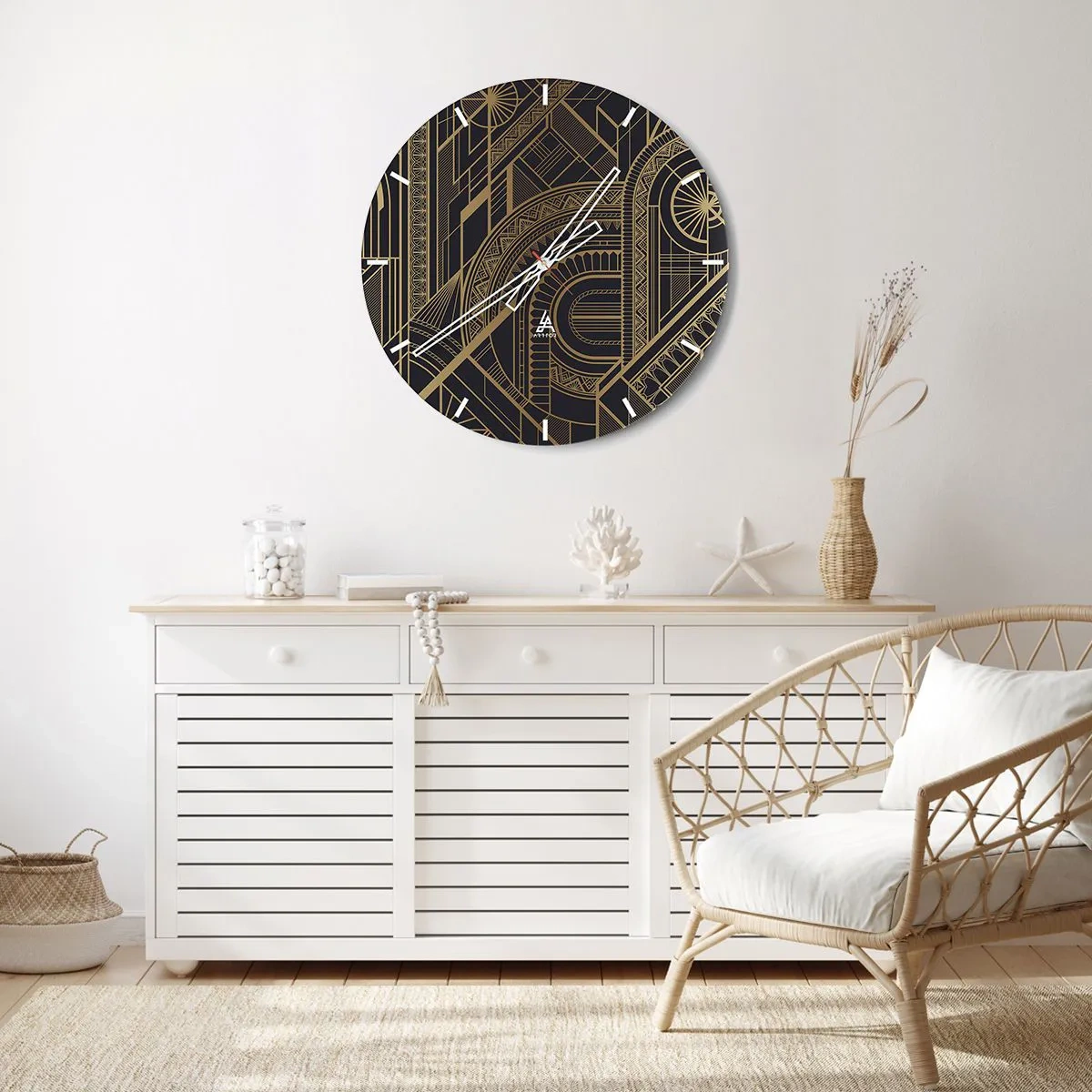 Vægur, Uret - Abstrakt geometrisk mønster i gyldne farver - 30x30cm - Koncepter, idéer, planer - Moderne vægdekoration til stue, køkken og soveværelse ARTTOR