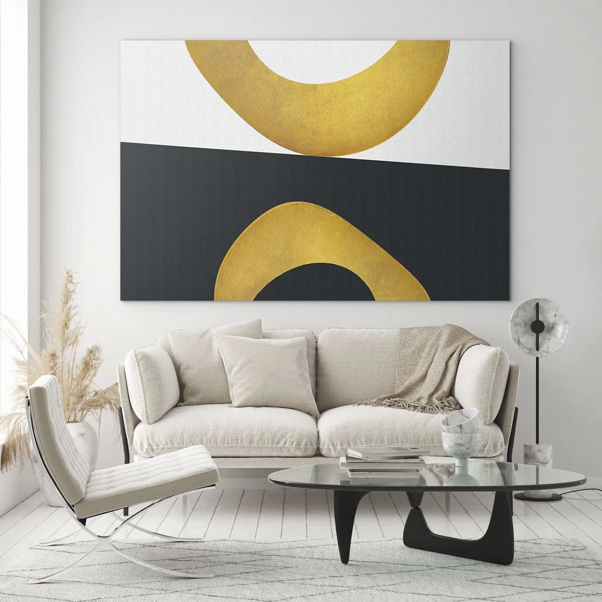 Billede på glas - Gyldne geometriske former på en hvid og sort baggrund - 70x50cm - Først: guld - Moderne vægdekoration til stue og soveværelse ARTTOR
