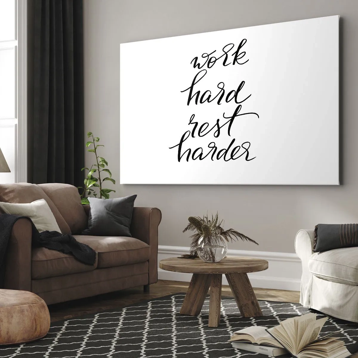 Lærredstryk - Billede på lærred - Arbejd hårdt, hvil hårdere citat på hvid baggrund - 70x50cm - Balance i livet - Moderne vægdekoration til stue og soveværelse ARTTOR