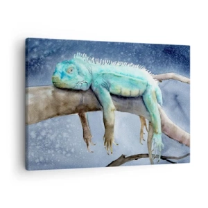 Lærredstryk - Billede på lærred - Blå leguan hviler på en gren - 70x50cm - Det er godt! - Moderne vægdekoration til stue og soveværelse ARTTOR