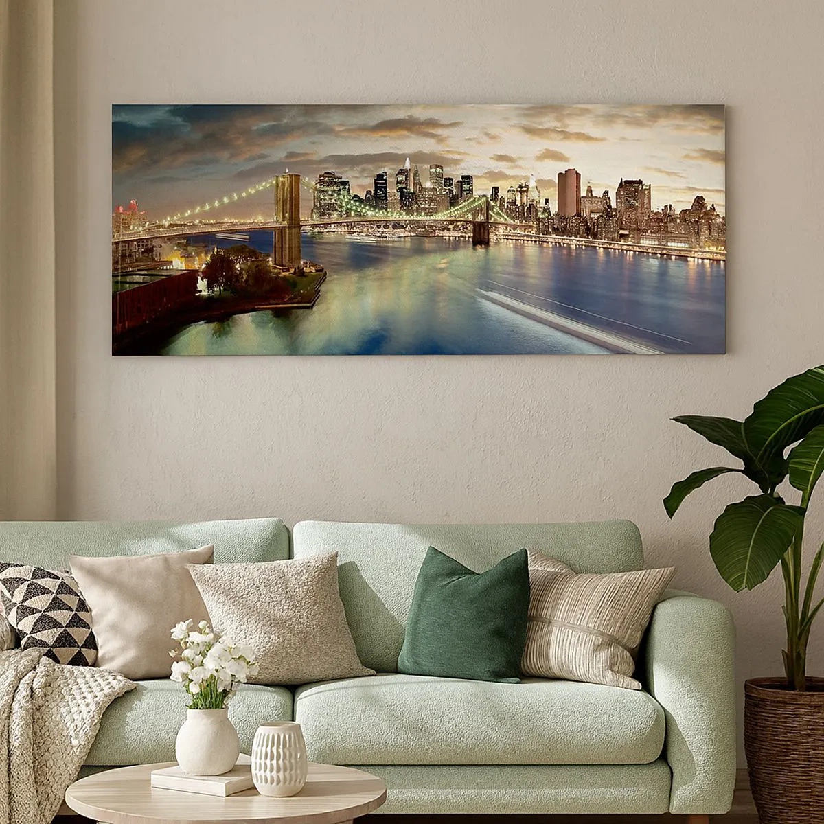 Lærredstryk - Billede på lærred - En oplyst aften over Manhattan - 100x40 cm