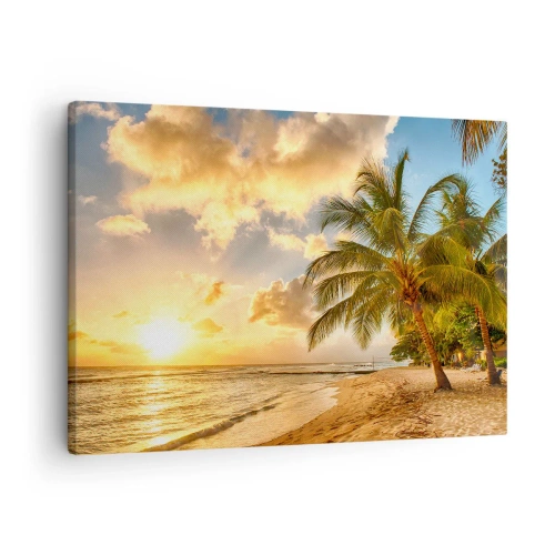 Lærredstryk - Billede på lærred - Strand med palmer og en solnedgang over havet - 70x50cm - Evig sommer, altid en ferie - Moderne vægdekoration til stue og soveværelse ARTTOR