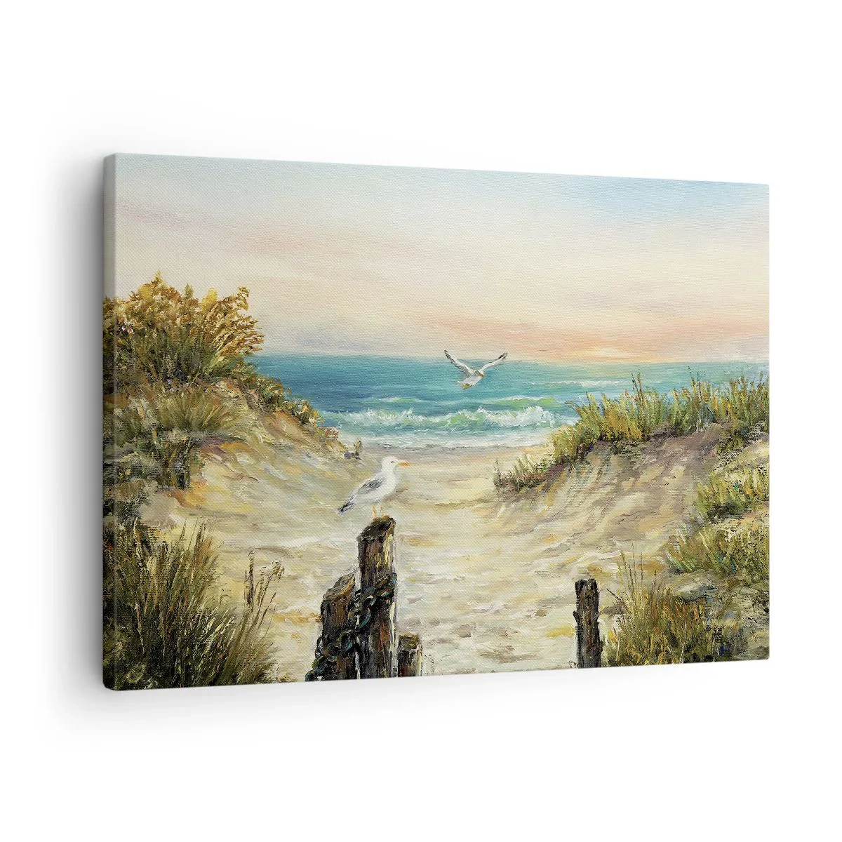 Lærredstryk - Billede på lærred - Kyst med måger og klitter ved solnedgang - 70x50cm - Vindstille tilbagetog - Moderne vægdekoration til stue og soveværelse ARTTOR