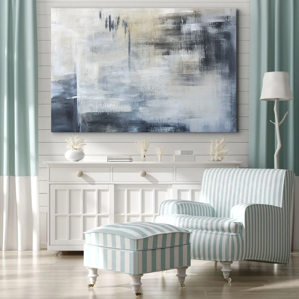 Lærredstryk - Billede på lærred - Abstrakt komposition i nuancer af blå og grå - 70x50cm - Bag et slør af blåt - Moderne vægdekoration til stue og soveværelse ARTTOR