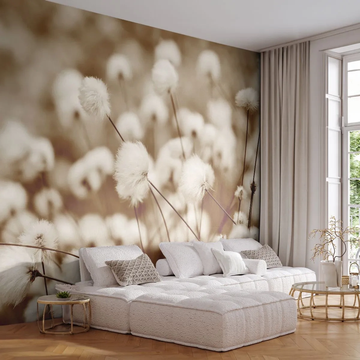 Fototapet Selvklæbende Deluxe Sticker - Fyldig mark - Bomuldsblomst, Blomst, Bomuldskvist - 250x175 cm