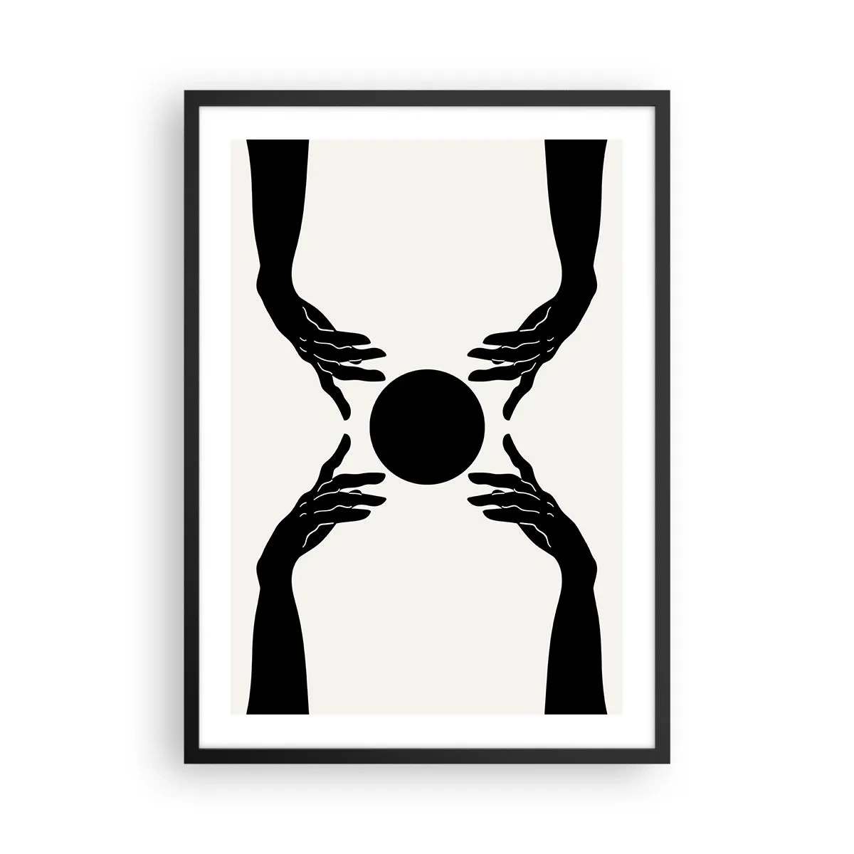 Plakat i sort ramme - Sort-hvid grafik af en hånd med en bold - 50x70cm - Et hemmeligt tegn - Moderne vægdekoration til stue og soveværelse ARTTOR