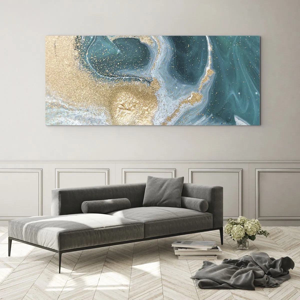 Billede på glas - En hvirvel af guld og turkis - 120x50 cm