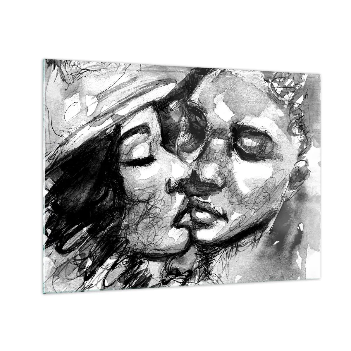 Billede på glas - Sort-hvid skitse af et ømt kys - 70x50cm - Et ømt øjeblik - Moderne vægdekoration til stue og soveværelse ARTTOR