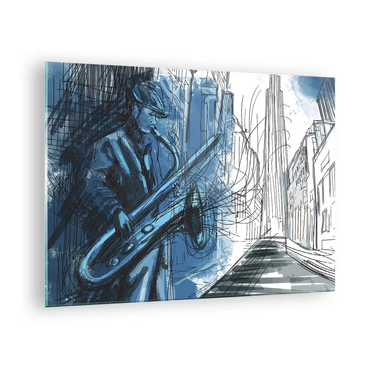 Billede på glas - Jazzsaxofonist i et blåt bymiljø - 70x50cm - Byens rapsodi - Moderne vægdekoration til stue og soveværelse ARTTOR