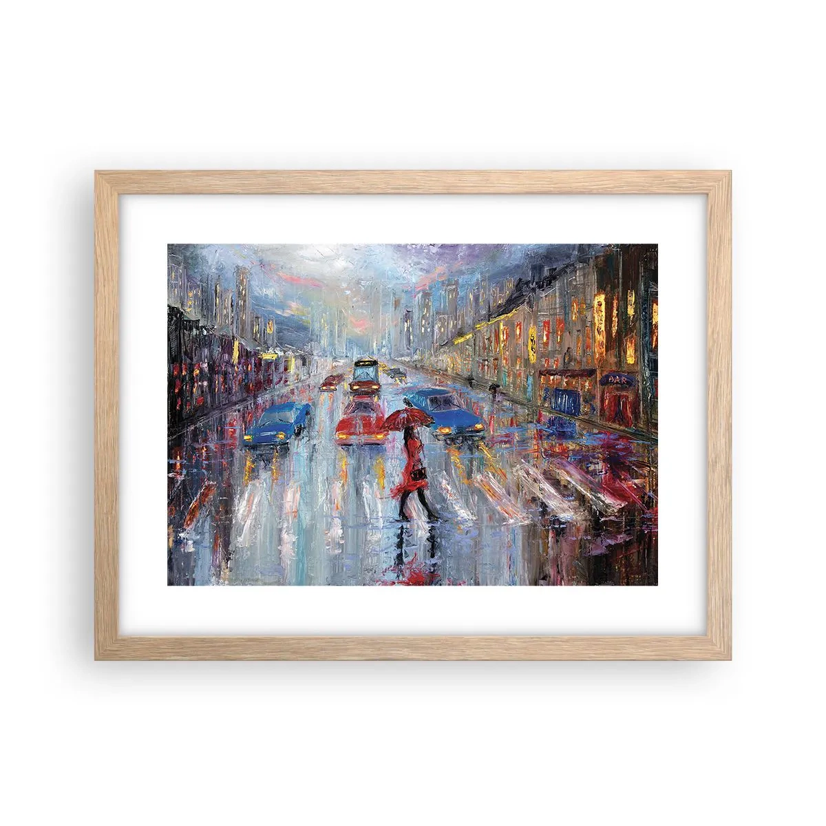 Plakat i ramme af lyst egetræ - Regnfuld eftermiddag i byen - 40x30 cm