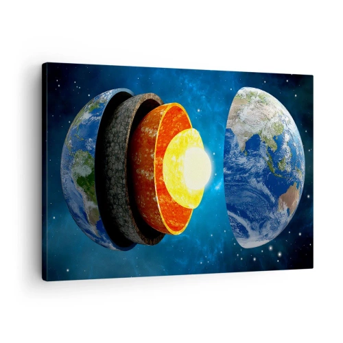 Lærredstryk - Billede på lærred - Et tværsnit af Jorden, der viser dens lag i rummet. - 70x50cm - Ekspedition til jordens indre - Moderne vægdekoration til stue og soveværelse ARTTOR