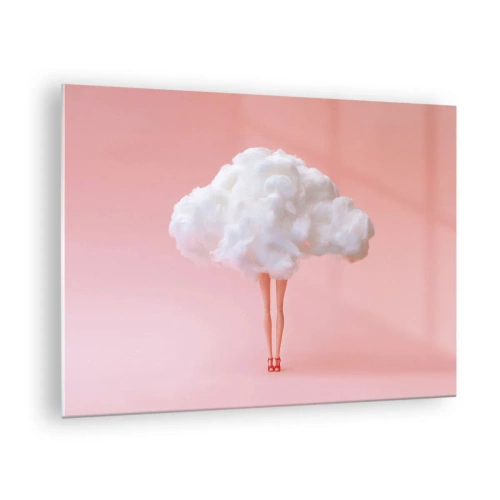 Billede på glas - En kvindefigur med en sky i stedet for en kjole mod en pastelrosa baggrund. - 70x50cm - Et sødt løfte - Moderne vægdekoration til stue og soveværelse ARTTOR