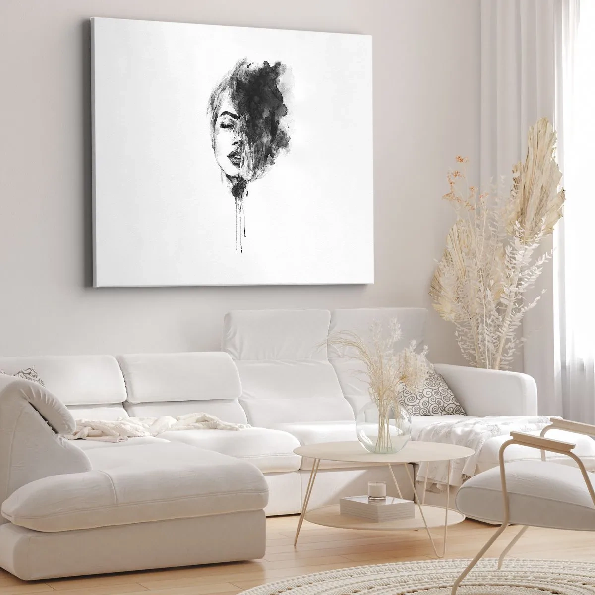 Lærredstryk - Billede på lærred - Kunstnerisk portræt af en kvinde i akvarelteknik med abstrakte detaljer - 70x50cm - Hvad piger drømmer om - Moderne vægdekoration til stue og soveværelse ARTTOR