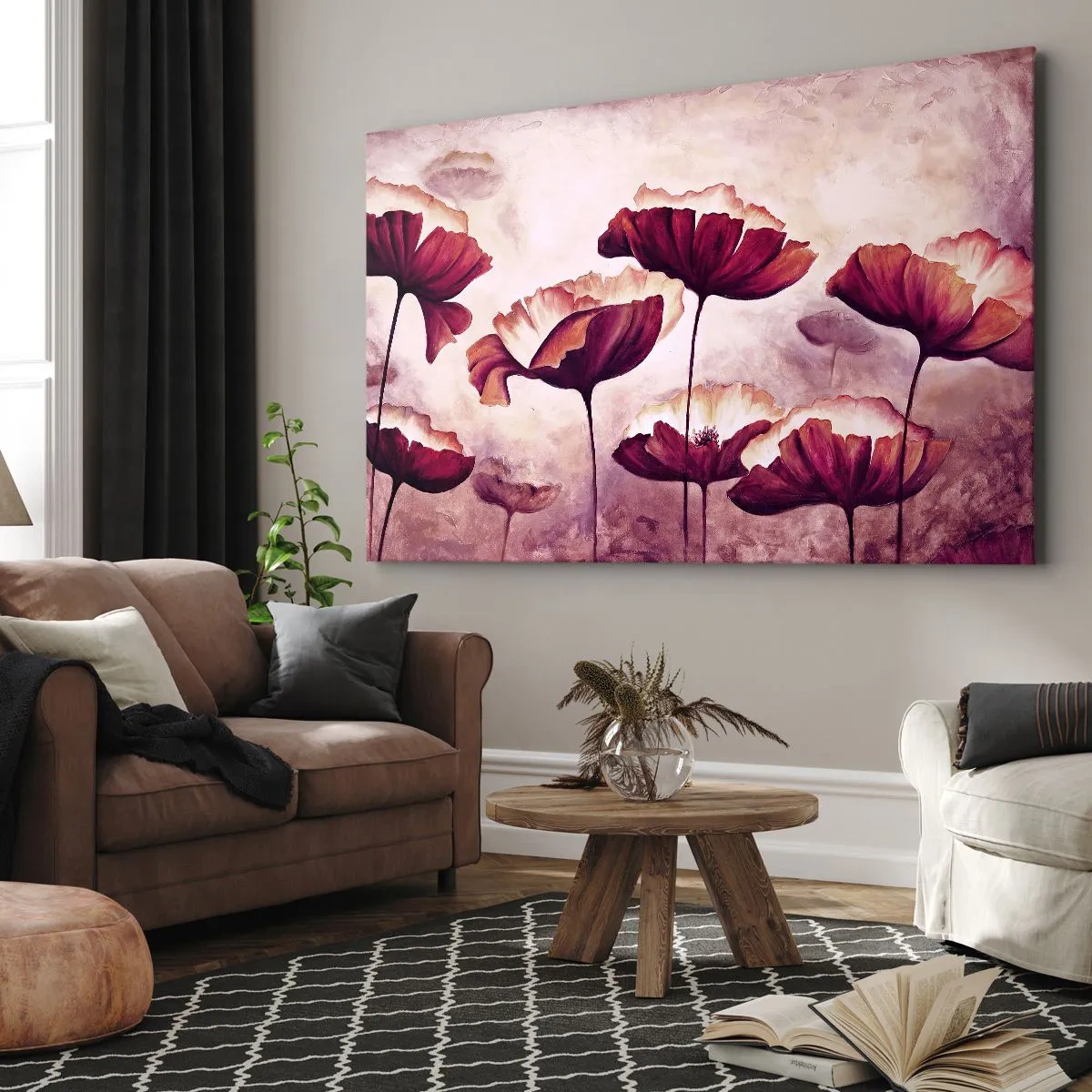 Lærredstryk - Billede på lærred - Blomster i nuancer af rød og hvid på en diskret baggrund - 70x50cm - Rød og hvid flage - Moderne vægdekoration til stue og soveværelse ARTTOR