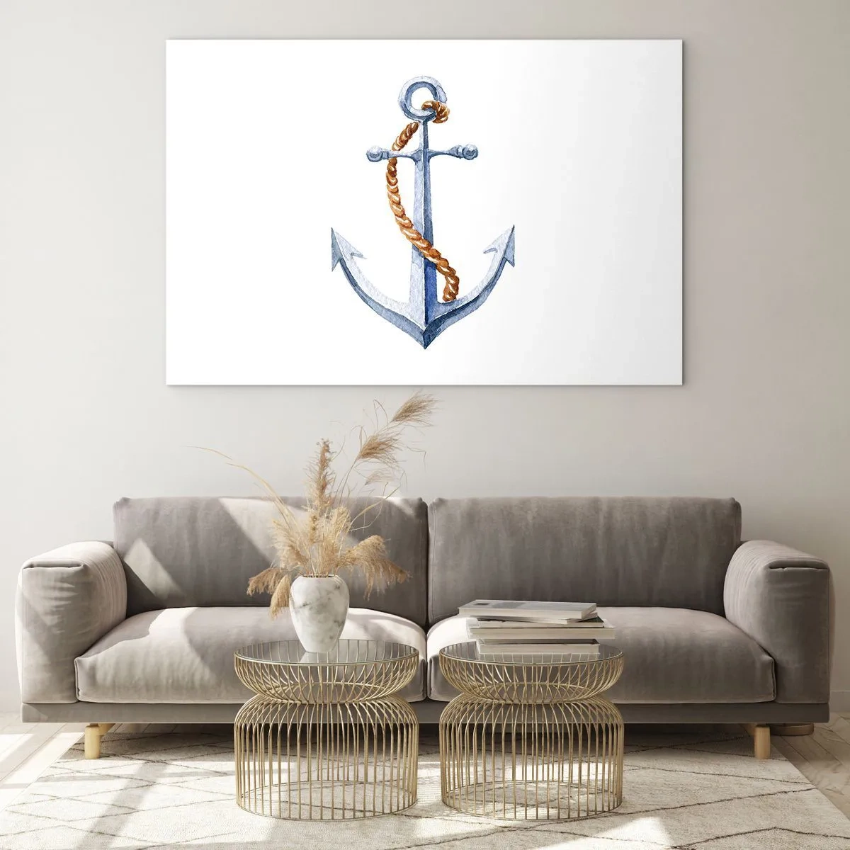 Billede på glas - Anker med reb i nautisk stil - 70x50cm - Ahoj eventyr! - Moderne vægdekoration til stue og soveværelse ARTTOR