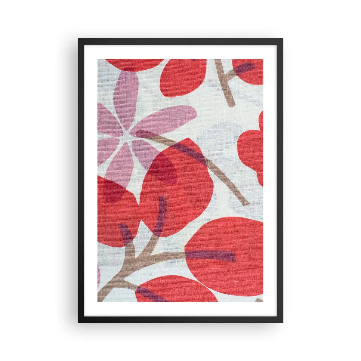 Plakat i sort ramme - Botanisk sammensætning af blade og blomster i rødt - 50x70cm - Blomsterkomposition i pink - Moderne vægdekoration til stue og soveværelse ARTTOR